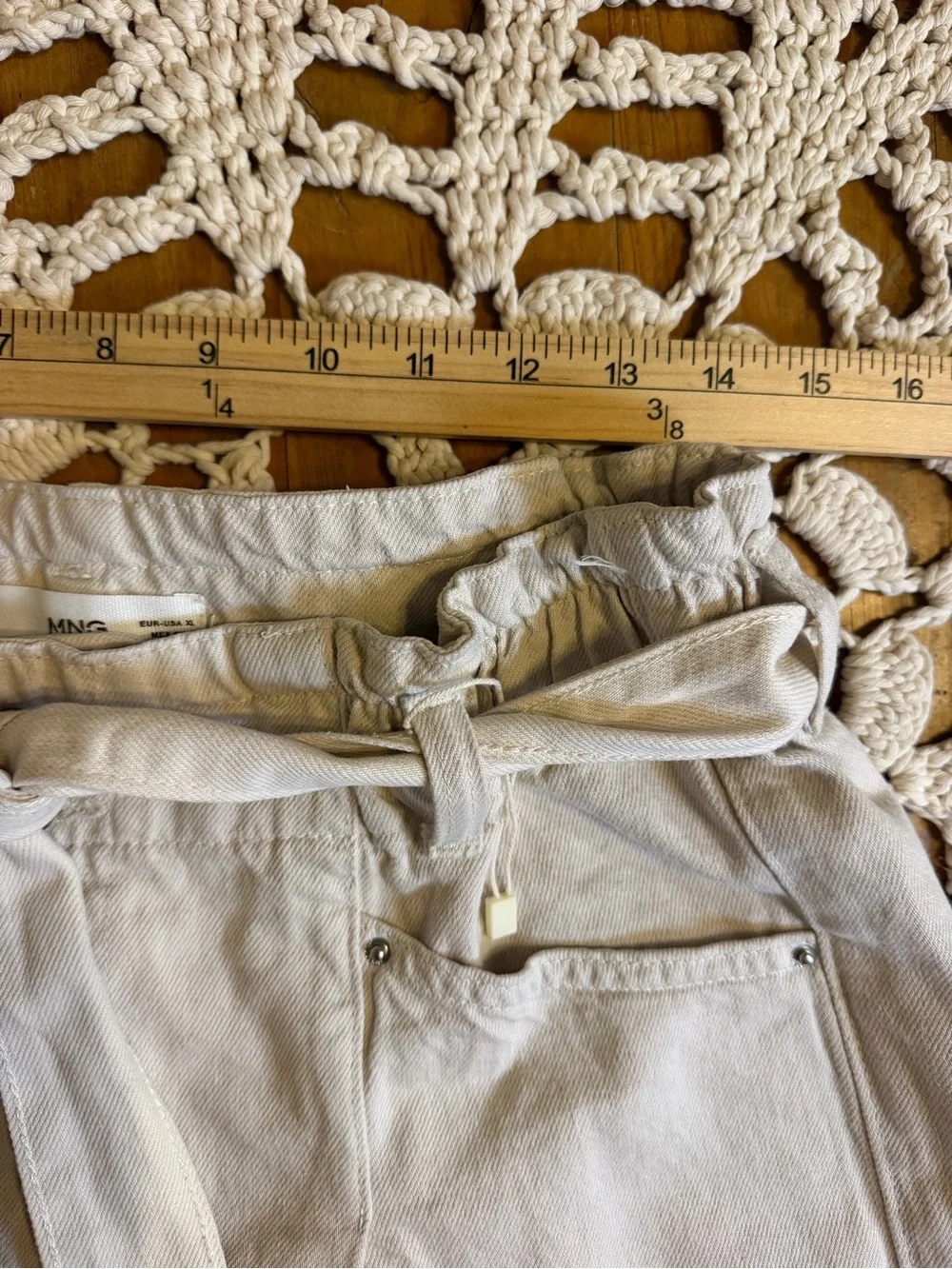 MNG Denim Paperbag Shorts XL Ecru Cream High Rise Belted Cotton utility hi rise